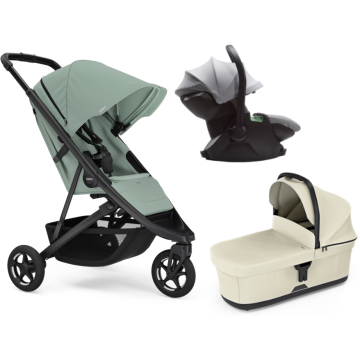 Trio Thule Sping 2 Mist Green con navicella Bassinet Soft Beige, seggiolino auto Maple Light Gray
