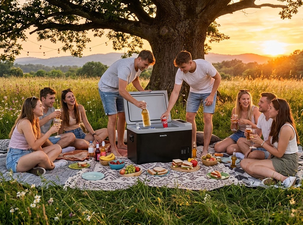 Ragazzi al picnic con frigorifero Mestic